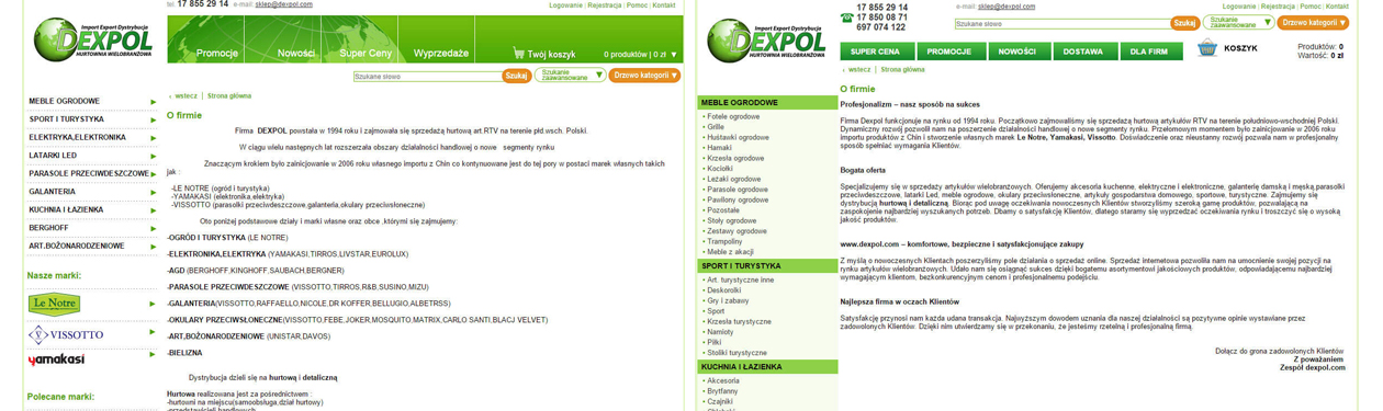 Sklep Dexpol o firmie przed i po zmianie użyteczności strony